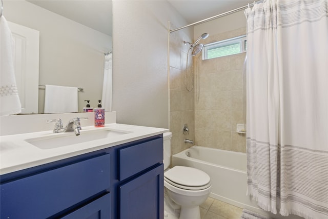 full bathroom with vanity, tile patterned flooring, toilet, and shower / bath combination with curtain