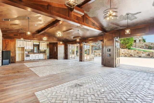 garage with wood walls