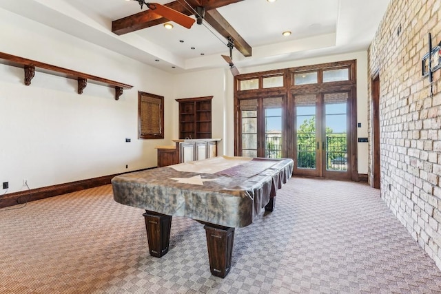 playroom with light carpet, baseboards, french doors, pool table, and beam ceiling