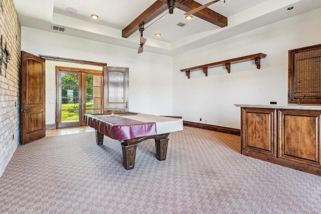 playroom with baseboards, visible vents, billiards, and beam ceiling