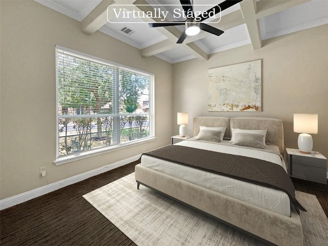 bedroom featuring coffered ceiling, ceiling fan, dark hardwood / wood-style flooring, and beamed ceiling