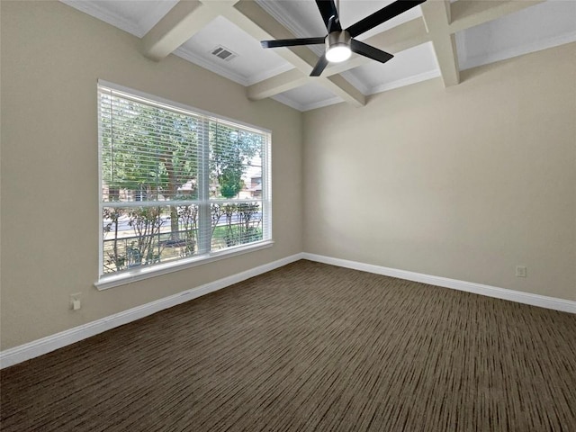 spare room featuring beamed ceiling, coffered ceiling, and ceiling fan