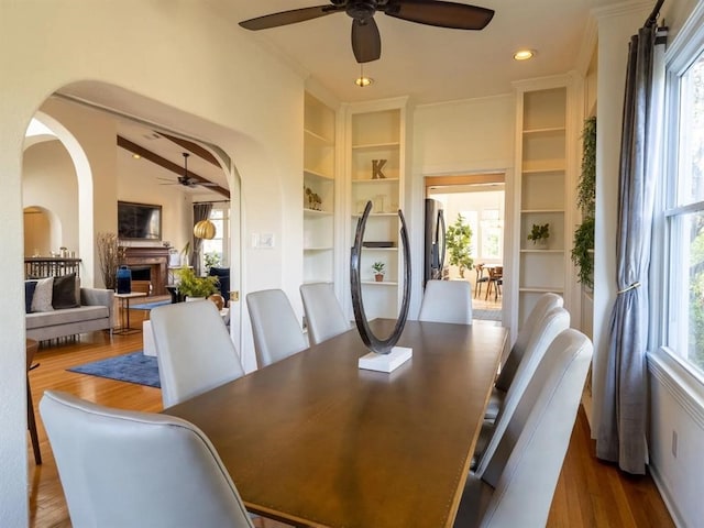 dining space featuring plenty of natural light, ceiling fan, and hardwood / wood-style flooring