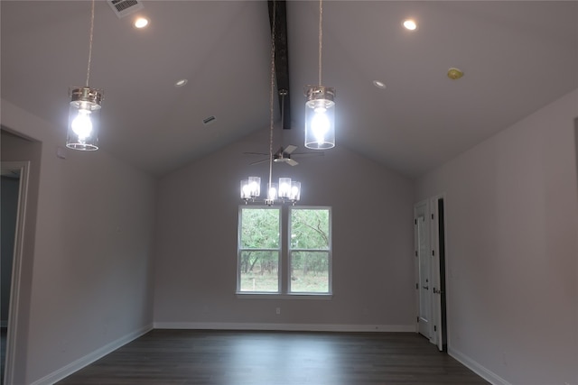 empty room with lofted ceiling and dark hardwood / wood-style floors