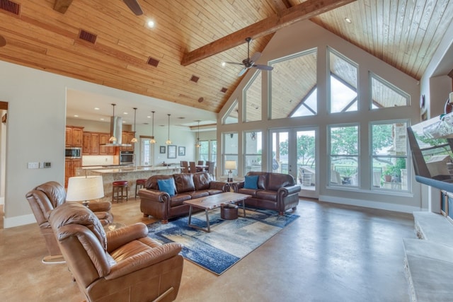 living room with ceiling fan, beamed ceiling, wooden ceiling, and high vaulted ceiling