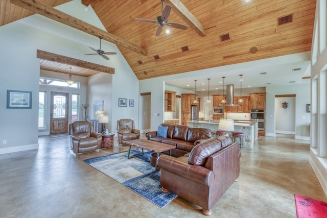 living room featuring ceiling fan, wooden ceiling, high vaulted ceiling, beamed ceiling, and sink