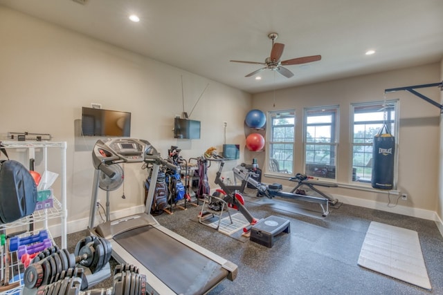 workout room with ceiling fan