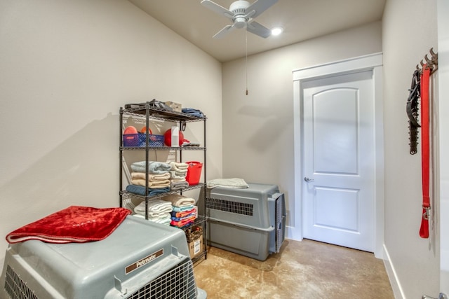 storage room featuring ceiling fan