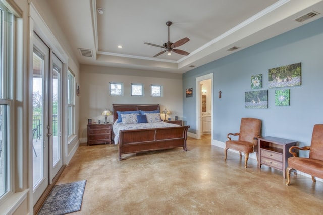 bedroom with ceiling fan, access to outside, ensuite bath, and a tray ceiling