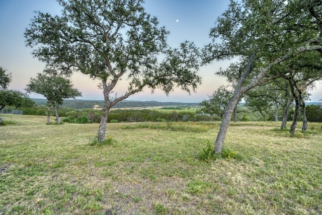 yard at dusk featuring a rural view