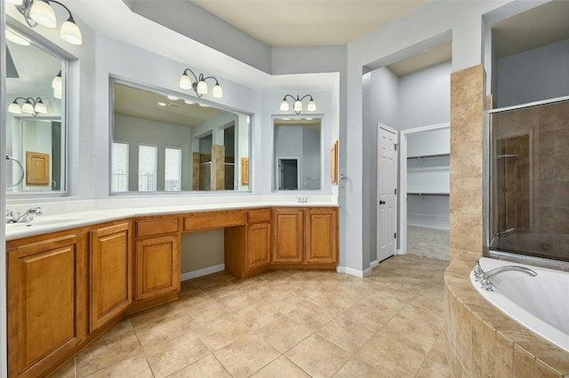 bathroom with shower with separate bathtub, tile patterned floors, and dual bowl vanity