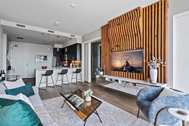 living room featuring sink and dark wood-type flooring