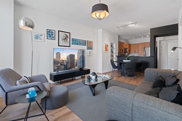 living room featuring light wood-type flooring and rail lighting