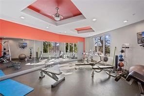 gym featuring a raised ceiling