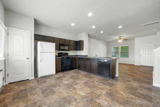 kitchen with dark brown cabinetry, ceiling fan, sink, kitchen peninsula, and black appliances