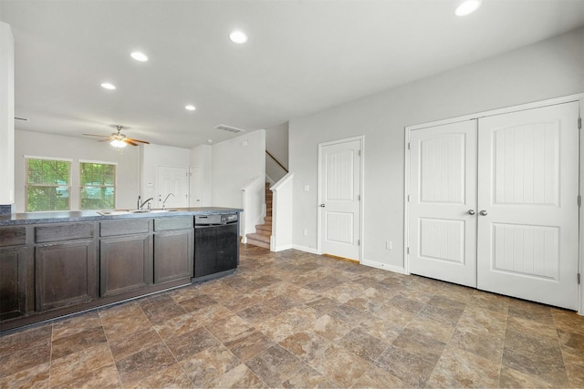 kitchen with dark brown cabinetry, ceiling fan, sink, and black dishwasher