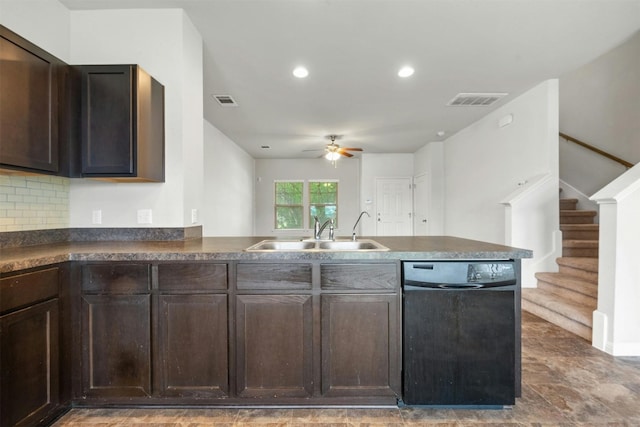 kitchen featuring a sink, visible vents, dishwasher, and dark brown cabinets