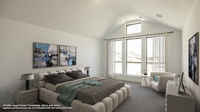 carpeted bedroom featuring vaulted ceiling