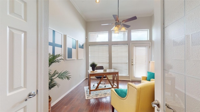 home office with ceiling fan, ornamental molding, and dark hardwood / wood-style floors