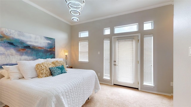bedroom featuring light colored carpet and ornamental molding