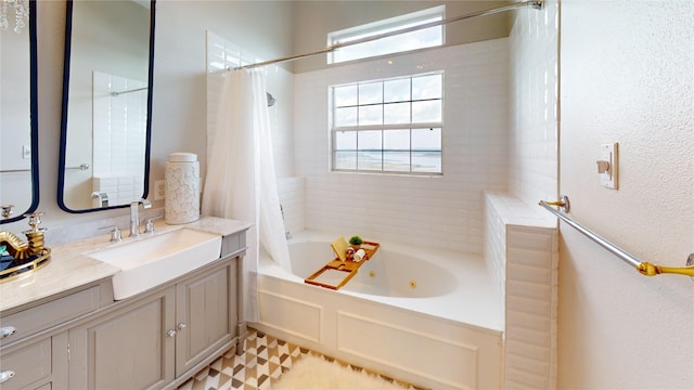 bathroom with vanity and shower / bathtub combination with curtain