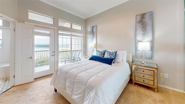 carpeted bedroom with access to exterior, ornamental molding, and a water view