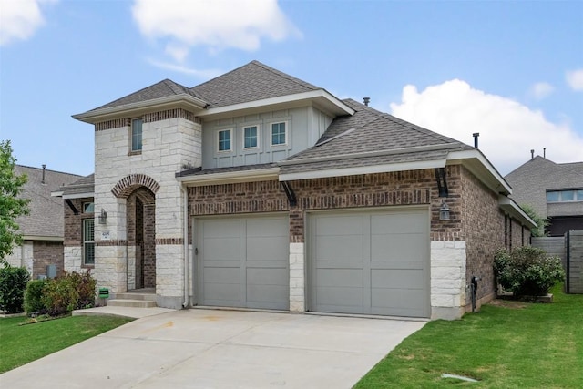 french country inspired facade featuring roof with shingles, brick siding, stone siding, driveway, and a front lawn