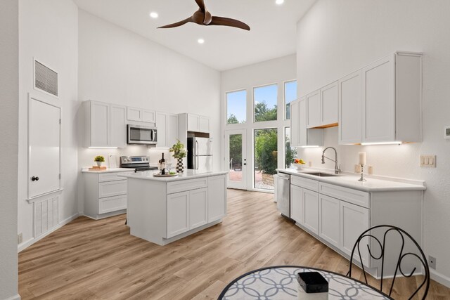1 Crystal Springs Ct Unit G, The Hills, TX 78738 - kitchen with a high ceiling, appliances with stainless steel finishes, a kitchen island, a ceiling fan, and light wood-style floors