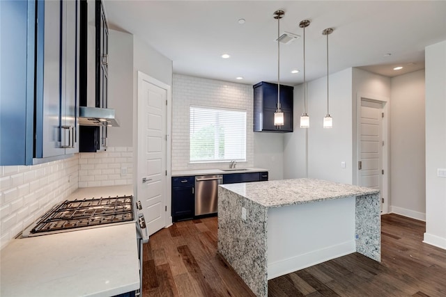 kitchen with dishwasher, dark hardwood / wood-style flooring, tasteful backsplash, and pendant lighting