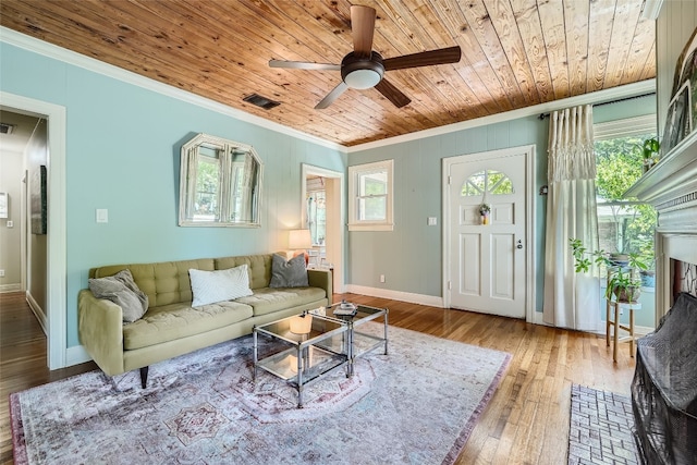 living room featuring plenty of natural light, hardwood / wood-style floors, and wooden ceiling