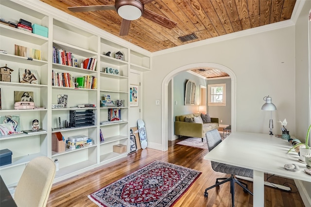 office space featuring wood ceiling, crown molding, ceiling fan, and hardwood / wood-style floors