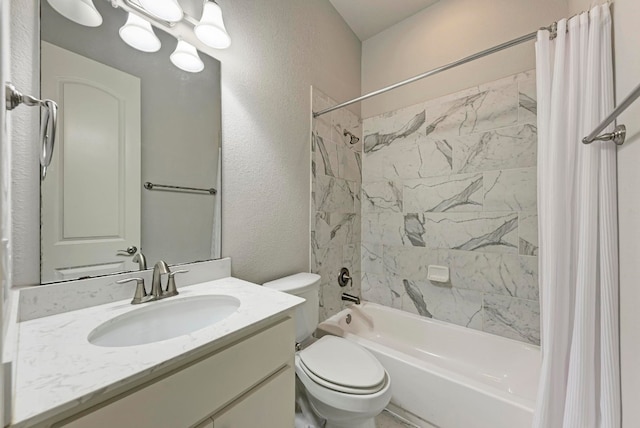 full bathroom featuring shower / tub combo, toilet, and vanity