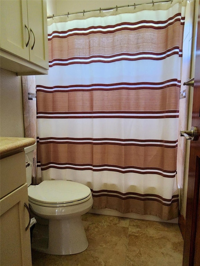 bathroom featuring toilet, vanity, and a shower with curtain