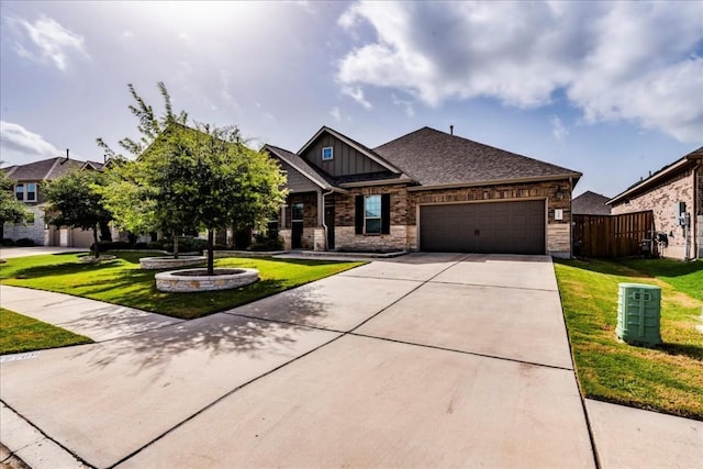 view of front facade featuring an attached garage, concrete driveway, board and batten siding, and a front yard