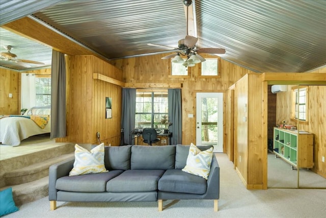 2108 River Hills Rd, Austin, TX 78733 - living area featuring ceiling fan, wood walls, a wall unit AC, carpet, and vaulted ceiling
