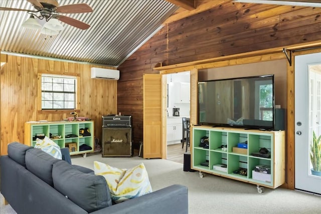 2108 River Hills Rd, Austin, TX 78733 - carpeted living room featuring a wall unit AC, wooden walls, ceiling fan, and vaulted ceiling