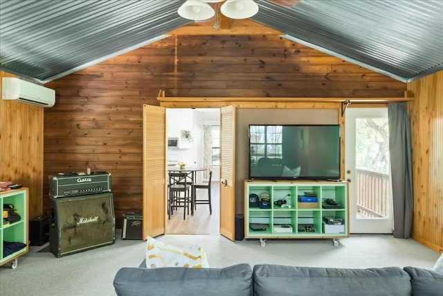 2108 River Hills Rd, Austin, TX 78733 - carpeted living area featuring vaulted ceiling, an AC wall unit, wood walls, and ceiling fan