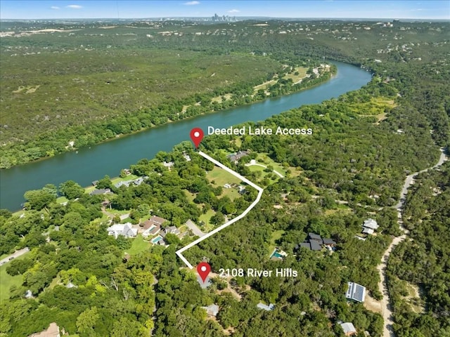 2108 River Hills Rd, Austin, TX 78733 - aerial view of property's location featuring a nearby body of water and a heavily wooded area