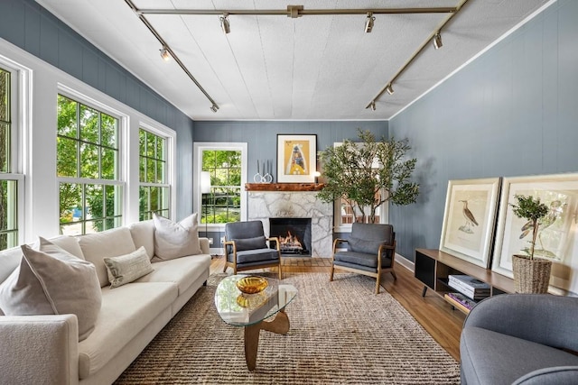 1202 E 30th St, Austin, TX 78722 - living room with a high end fireplace, track lighting, and wood finished floors