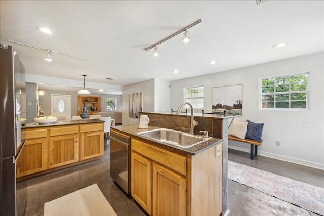 kitchen with plenty of natural light, rail lighting, an island with sink, and stainless steel appliances