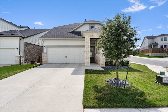 view of front of house featuring stucco siding, concrete driveway, a garage, stone siding, and a front lawn