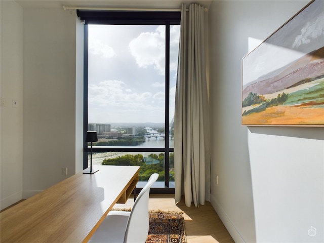 dining room with light hardwood / wood-style flooring, plenty of natural light, a wall of windows, and a water view