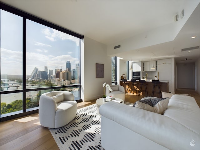 living room with expansive windows and light hardwood / wood-style flooring