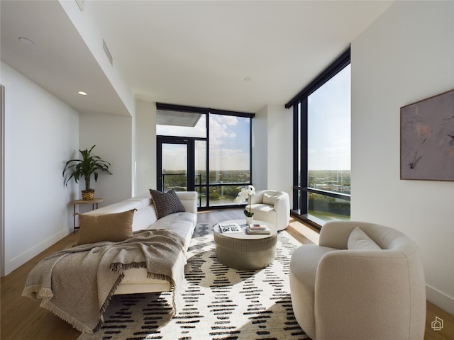 living room with hardwood / wood-style flooring and floor to ceiling windows