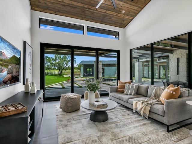 living room featuring ceiling fan, high vaulted ceiling, and wooden ceiling