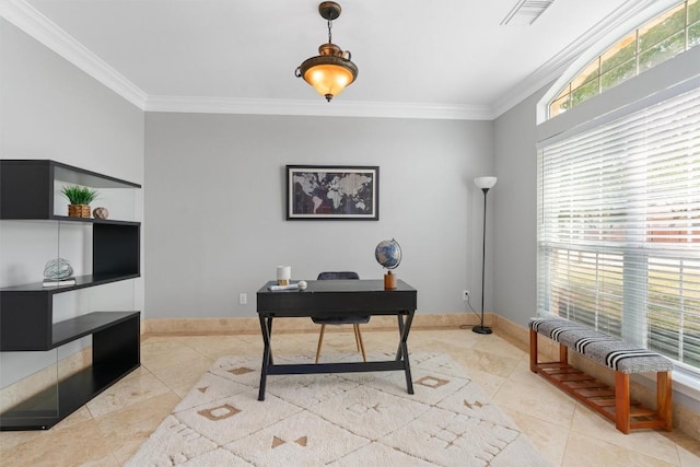 office space with ornamental molding and light tile patterned floors