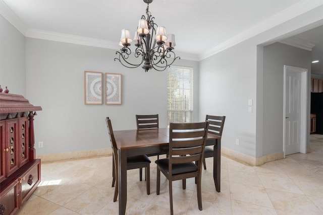 dining space featuring crown molding, light tile patterned floors, and a notable chandelier