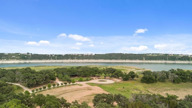 drone / aerial view with a water view