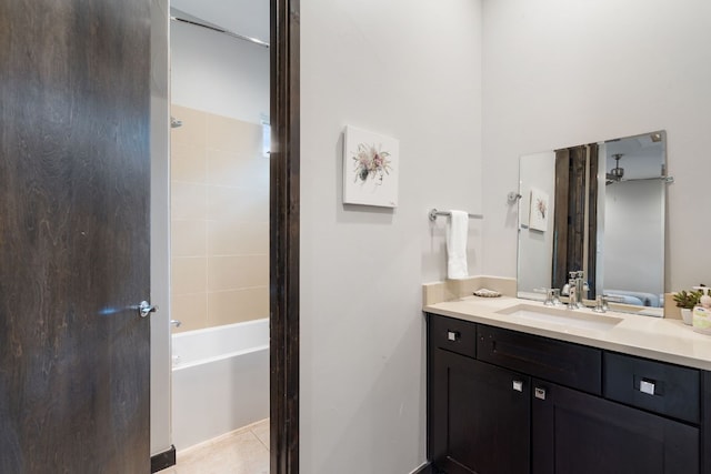 bathroom with  shower combination, tile patterned floors, and vanity