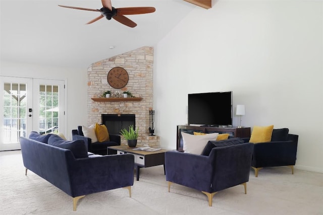 living room featuring high vaulted ceiling, light colored carpet, a large fireplace, french doors, and beam ceiling